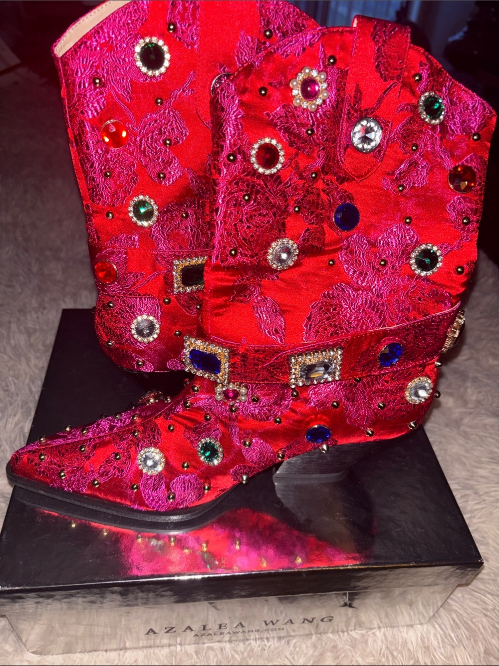 Azalea Wang Red Embellished Jewel Ankle Boots